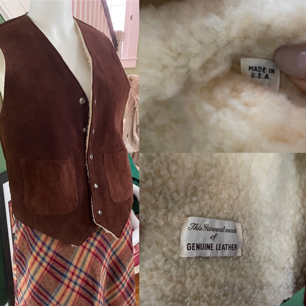 Vintage brown Suede shearling vest. Made in USA cowboy western unisex S 40 chest